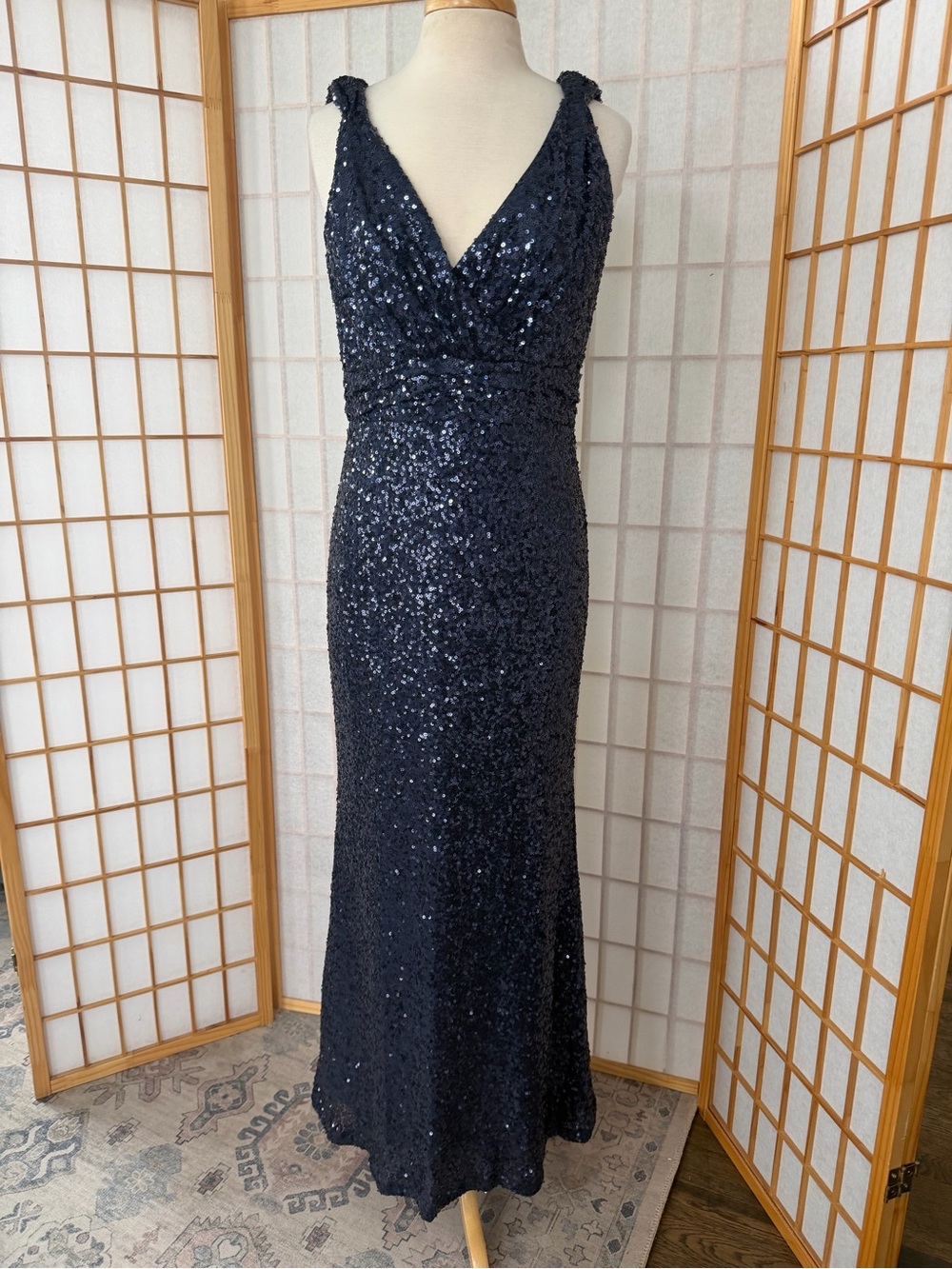 Badgley Mischka Navy Sequin V-Neck Maxi Gown